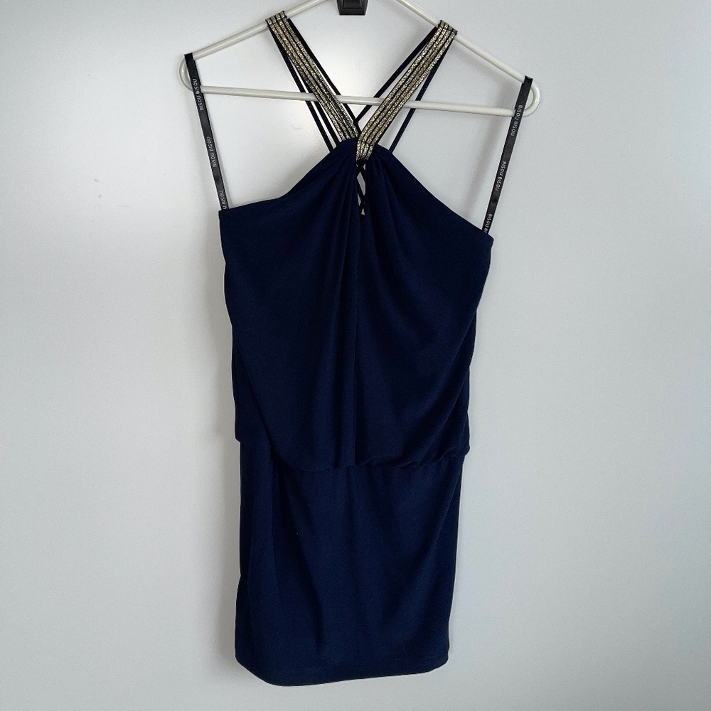 bisou bisou michele bohbot navy evening dress with gold metallic straps Sz 4